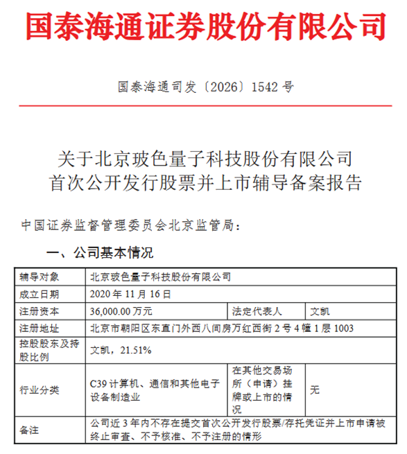 量子科技企业资本化进程提速！玻色量子启动IPO辅导 国泰海通证券为辅导券商